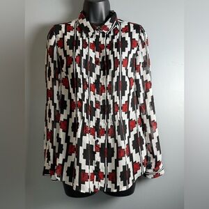 Liz Claiborne Women's Petite Medium Aztec Geometric Sheer L/S Dress Blouse